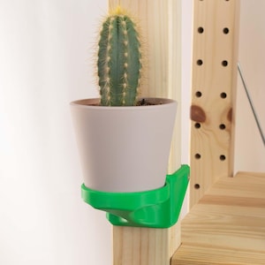 Op de afbeelding: Een cactus in een lichtgekleurde keramische pot, vastgehouden door een felgroene plantenhouder. De cactus heeft een lange, groene, cilindrische vorm met gele stekels. De houder is op een houten steun gemonteerd.