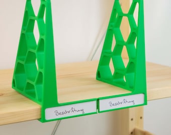 Bookend with label frame for Ikea Ivar or shelves with an 18 mm base