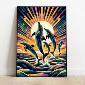May include: A framed art print depicting dolphins leaping from the sea, rendered in a geometric style. The artwork uses a palette of blues, yellows, and oranges to depict a sunset, creating a vibrant and eye-catching image.