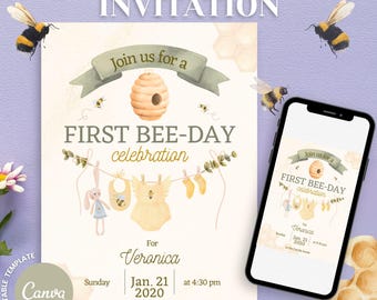 Bee Birthday Invitation Template, Editable First Bee Day Invite, Canva First Birthday Party Printable