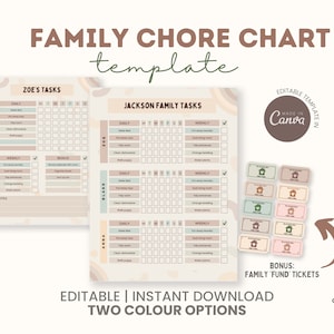 Chore Chart for Kids and Families with Chore Reward Tickets | Bright colours or muted Tone | Canva Chore Chart Template | Cleaning Chart
