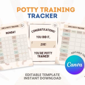 Potty training tracker with editable Canva template | Simple Toddler potty progress chart with stickers Potty training chart for Preschool