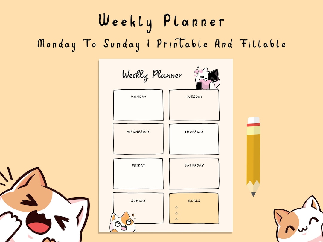Printable Weekly Planners! Cute Cat Themed Kawaii Weekly Planner - Etsy