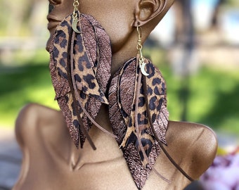 Leopard Print Leather Feather Earrings: Statement Leaf Dangles