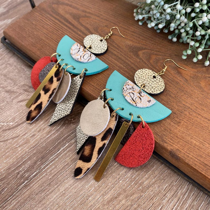 bohemian teal and gold earrings with leopard print