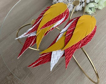 Kansas City Chiefs Leather Feather Earrings: Red, Yellow, White Game Day Jewelry
