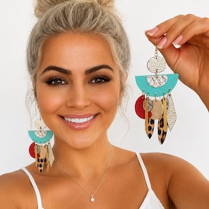 Leather Statement Chandelier Earrings Double Sided Lightweight Boho Dangle Earrings Unique Gift For Her image 1