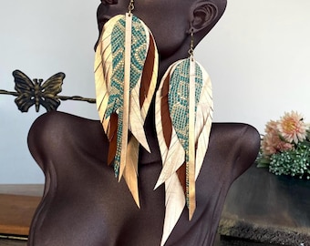 Gold Turquoise Snake Print Leather Feather Earrings: Boho Statement Jewelry
