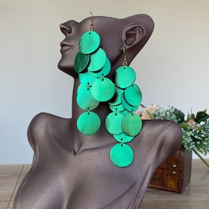Iridescent Green Leather Earrings: Multi-Layer Statement Dangles