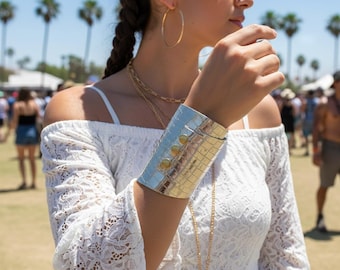 Gold Crocodile Embossed Leather Cuff Bracelet: Adjustable Statement Jewelry