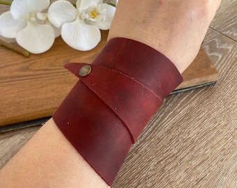 Burgundy Leather Wide Cuff Bracelet: Handmade Bohemian Wristband