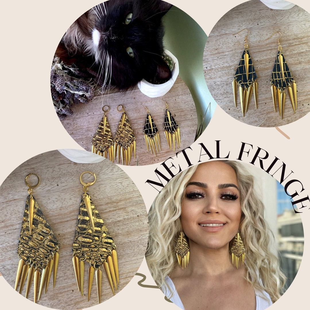 Metal Fringe Earrings, Sword Tassel, Gold Tassel Fringe Earrings, Raw