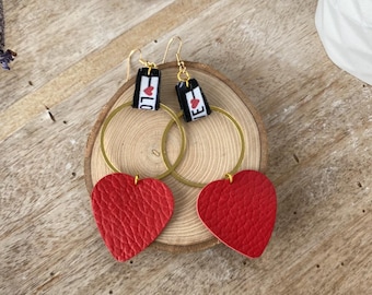 Red Leather Heart Earrings: Brass Hoop, Valentine's Gift