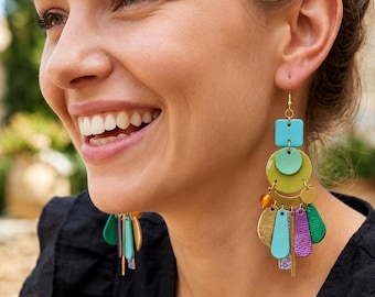 Colorful Leather Statement Earrings: Agate & Brass Dangle Jewelry