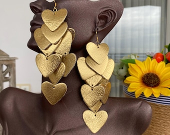 Gold Leather Heart Earrings: Layered Glam Statement Festive Jewelry