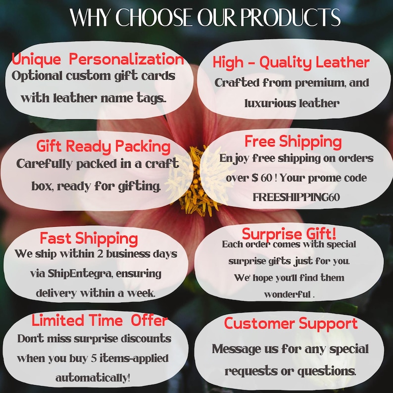 May include: A graphic with a red flower background and text boxes outlining the benefits of buying from this shop. The text boxes include: Unique Personalization, High-Quality Leather, Gift Ready Packing, Fast Shipping, Limited Time Offer, Free Shipping, Surprise Gift!, and Customer Support. The text boxes also include details about each benefit, such as "Optional custom gift cards with leather name tags" and "Enjoy free shipping on orders over $60! Your promo code FREESHIPPING60".