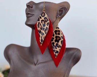 Red Suede & Leopard Print Christmas Earrings: Double-Layered Leather Statement jewelry Holiday Present For Her
