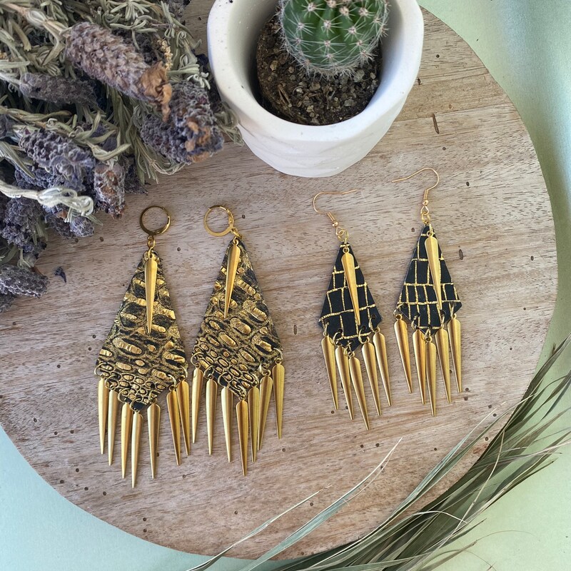 Gold Plated Brass Black Fringe Clip Earrings