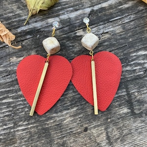 Galentine&#39;s Day Gift, Heart Earrings with Brass Bar, 3rd anniversary Gift, Valentine&#39;s day Gift, Christmas gift For Her, Gift for Girlfriend