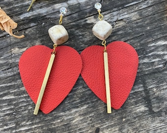 Multi color Leather Heart Earrings with Brass Bar Statement Jewelry