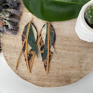 Leopard and Gold Leather Feather Earrings, Forest Green Accents, Glitter Leather Leaf Earrings, Bohochic Earrings, Gift For Mom Gift For Her