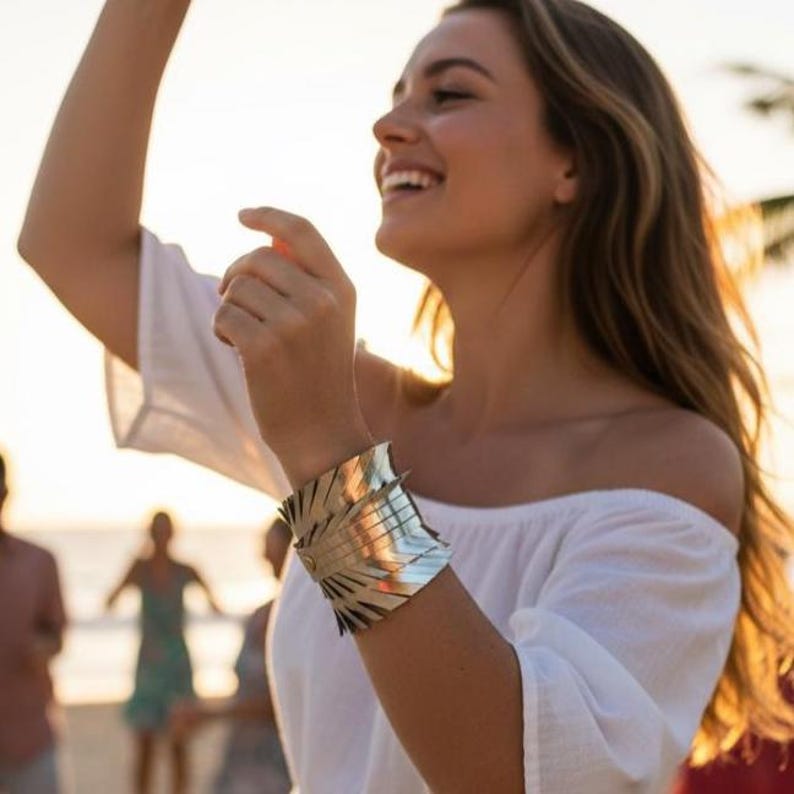 Metallic Gold Leather Cuff Bracelet: Wide Statement Jewelry image 2