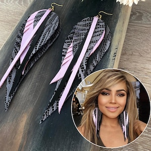 Zebra Print Leather Feather Earrings: Gray & Lilac Bohemian Statement Jewelry