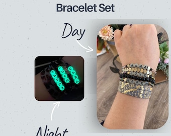 Glow in Dark Name Bracelet Set: Personalized Leather Cuff, Hematite & Glass Beads