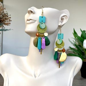 Boucles d'oreilles colorées en agate, boucles d'oreilles pendantes en perles d'agate vives, bijoux en cuir double face pour femme, cadeau du 3e anniversaire