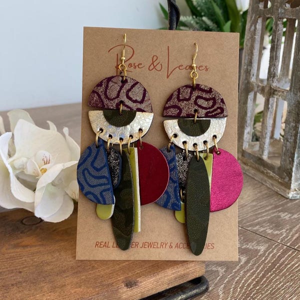 Colorful  Statement Earrings Leather Geometric Dangle Drop Earrings Bohemian Abstract Burgundy  Festive Dangles