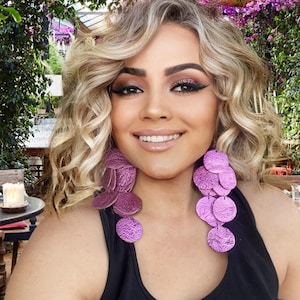 Iridescent Purple Leather Chandelier Earrings: Sequin Statement Jewelry