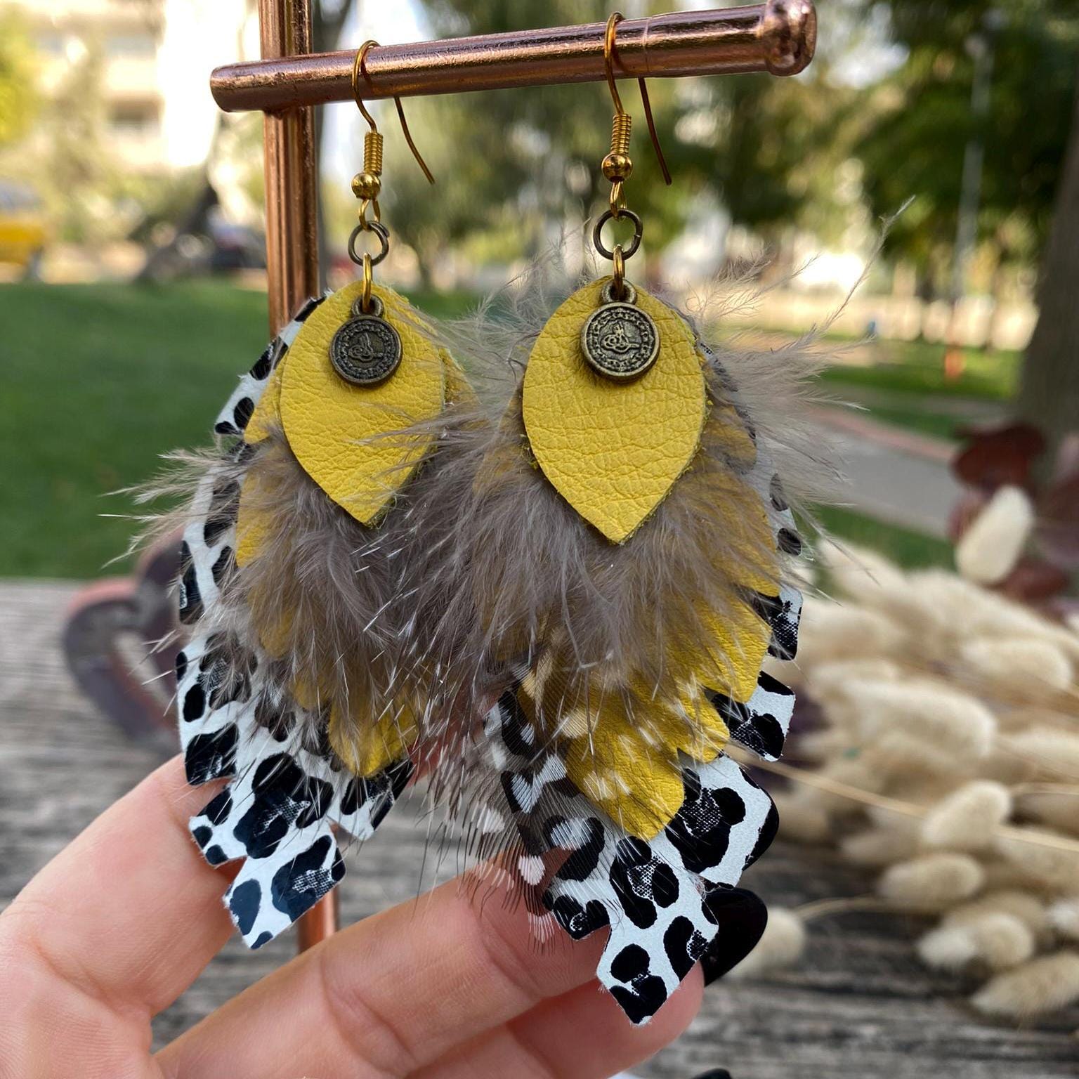 Layered Leather Feather Earrings: Autumn Statement Jewelry