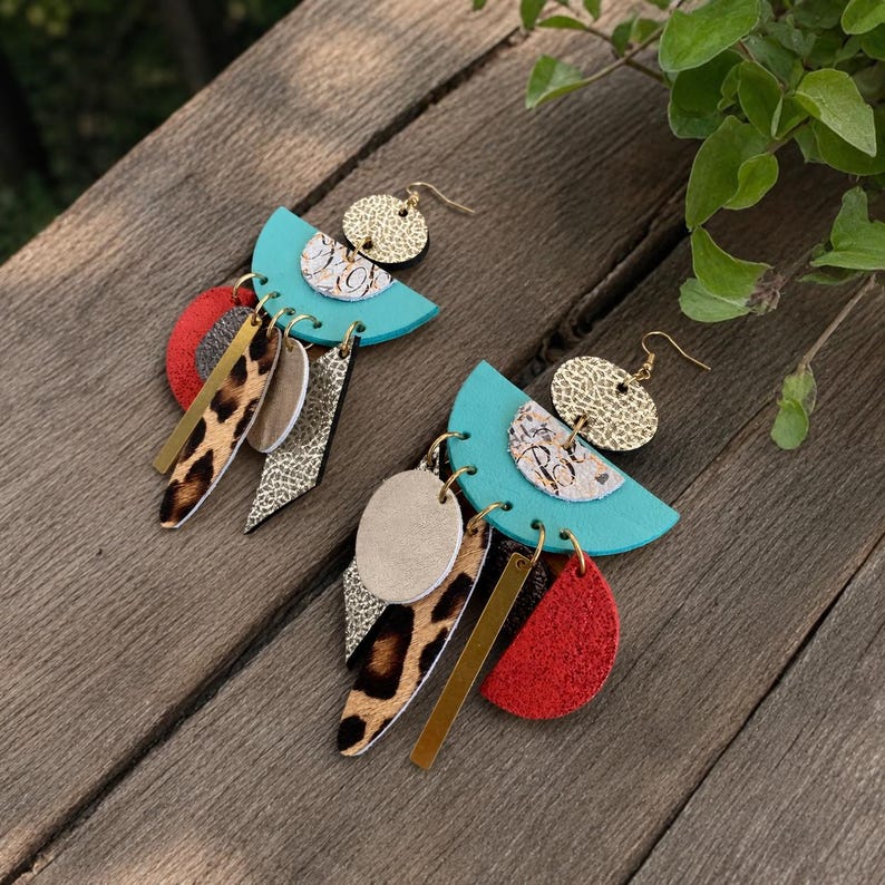 Leather Statement Chandelier Earrings Double Sided Lightweight Boho Dangle Earrings Unique Gift For Her image 2