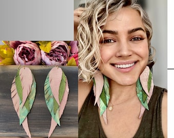 Örhängen med fjäder i läder: Gröna, rosa, vinröda boho statement-örhängen