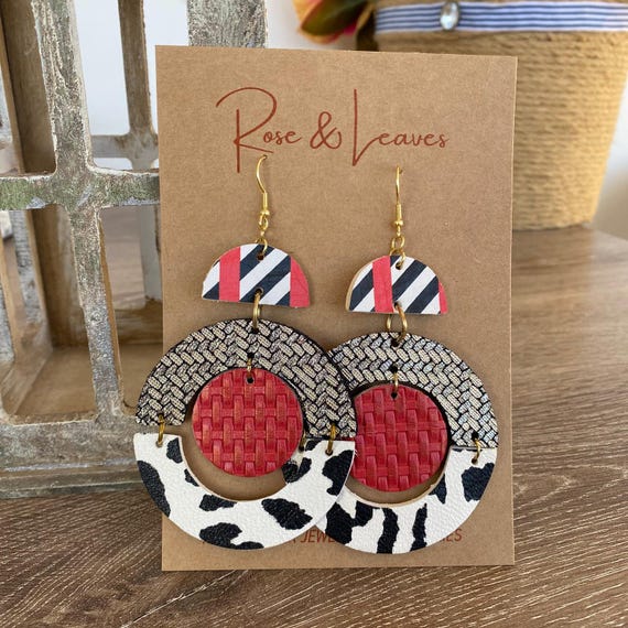 Cow Print Genuine Leather Abstract Earrings: Double-Sided Statement Jewelry
