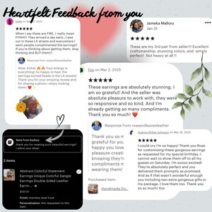 May include: Image featuring customer feedback on earrings. Reviews highlight the earrings' quality, craftsmanship, and the seller's responsiveness. The image includes text about the earrings, including the price and materials.