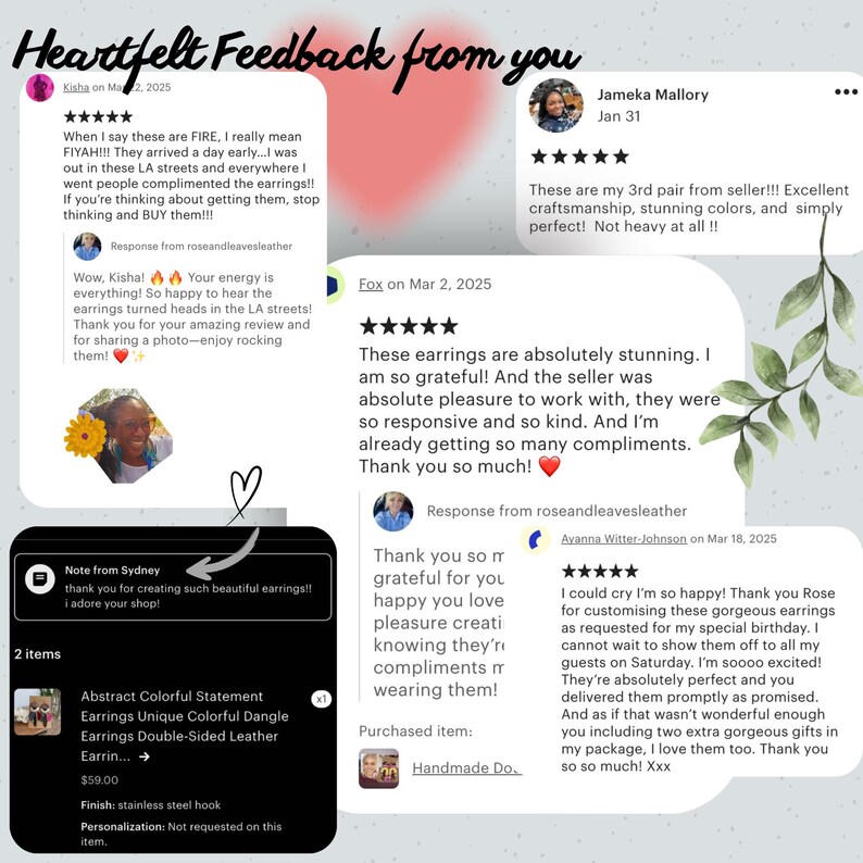 May include: Image featuring customer feedback on earrings. Reviews highlight the earrings' quality, craftsmanship, and the seller's responsiveness. The image includes text about the earrings, including the price and materials.