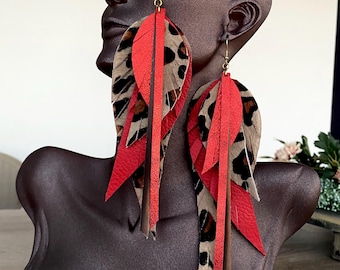 Leopard Print Leather Feather Earrings: Red Glitter Boho Statement