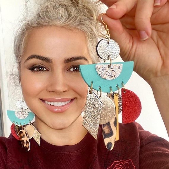 Metallic Silver Leather Statement Earrings Long Layered Leaf