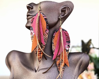 Leopard Leather Leaf Earrings: Glitter Statement Jewelry