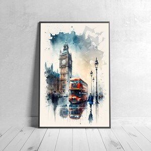 Water colored London, Red Bus, Big Ben, Digital Download, Printable Wall Art, Instant Download Art Print