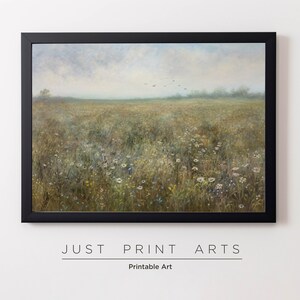Pintura al óleo de paisaje de campo de flores silvestres imprimible / Impresión de arte de paisaje vintage / Arte de pared de campo de campo / Descarga digital