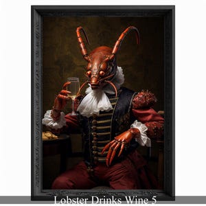 Hummer Trinkt Wein Portrait, Tiermalerei, Veränderte Kunst, Bar Poster, Regal Vintage Kunstwerk, Einzigartige Kunst, Lustiges Geschenk
