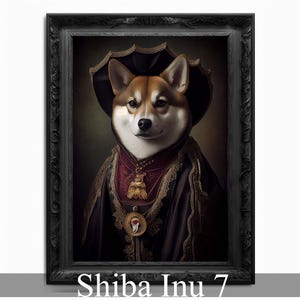 May include: A Shiba Inu dog dressed in a black and gold costume with a red and gold collar and a black hat. The dog is looking directly at the viewer. The background is a dark green color.