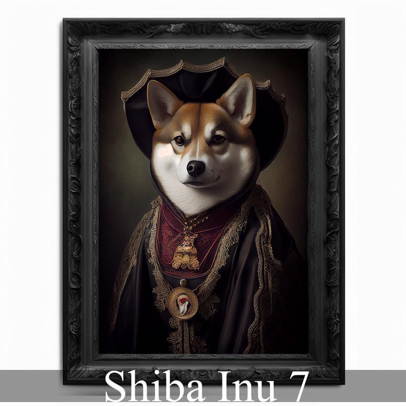 May include: A Shiba Inu dog dressed in a black and gold costume with a red and gold collar and a black hat. The dog is looking directly at the viewer. The background is a dark green color.