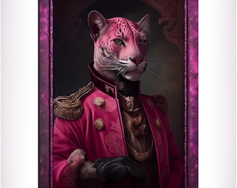 Pink Panther Wall Art Print, Pink Animal Lover Vintage Regal Art Poster. Victorian Pink Cat Portrait Royal Painting, Puma Pet Gift, Big Cat