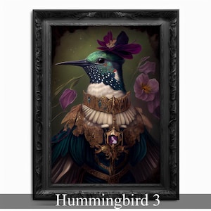 Impresión de arte de pared de colibrí, póster de arte real vintage para amantes de los pájaros, renacimiento. Retrato de colibrí victoriano, pintura real, regalo para mascotas