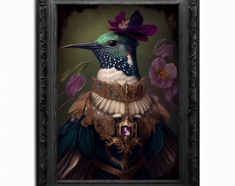 Hummingbird Wall Art Print, Bird Animal Lover Vintage Regal Art Poster Renaissance. Victorian Hummingbird Portrait Royal Painting Pet Gift