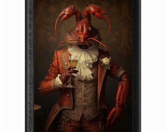 Lobster Drinks Wine Portrait, Animal Painting, Altered Art, Bar Room Poster, Regal Vintage Artwork, Unique Art Prints, Funny Gift