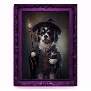 Zauberer Hund Portrait, Magier Poster, Tier Malerei, Veränderte Kunst, Zauberstab, Königliches Vintage Kunstwerk, Einzigartige Drucke, Haustier Geschenk, Zauberer Geschenk